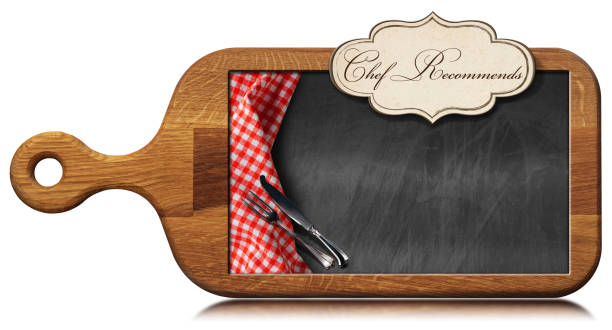 istock Wooden Cutting Board with Empty Chalkboard and Text Chef Recommends 1732984679