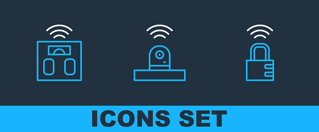 Set line Smart safe combination lock bathroom scales and security camera icon. Vector.