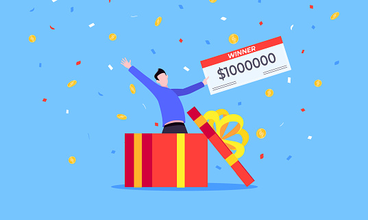 Happy lottery winners with big prize paycheck. Fortune lottery or casino gambling lucky games concept flat style design vector illustration. People jumps in the air.