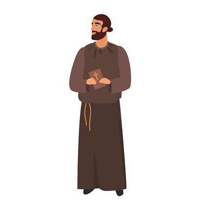 Medieval priest man. Monk in middle ages, monastery friar in medieval society cartoon vector illustration