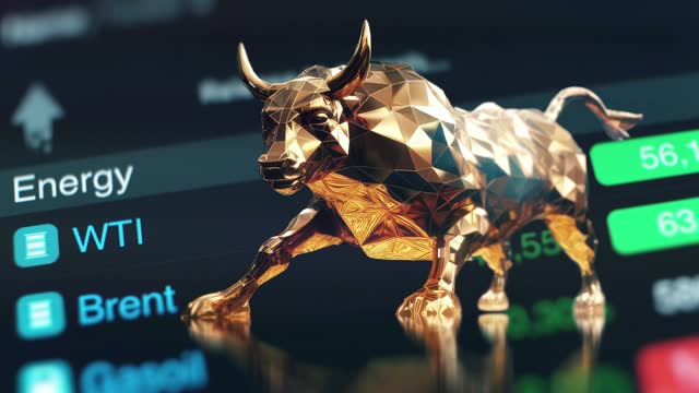 Energy Stock Market Bull Market Commodity Trading. Brent, Oil, Gasoline, Natural Gas. Stock market trend chart with golden bull background. 3D video animation graph background.