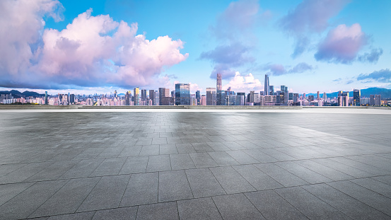 Clean square floor and city financial district skyline background in Shenzhen, China