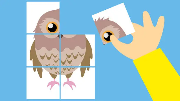 Vector illustration of A child's hand assembling an owl puzzle