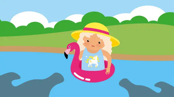 Vector illustration of Girl on inflatable flamingo float in the river.