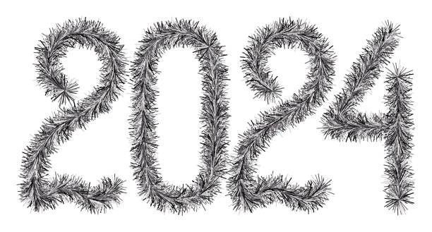 istock 2024 inscription from festive Christmas tinsel decoration, black color fluffy numbers 1733051130