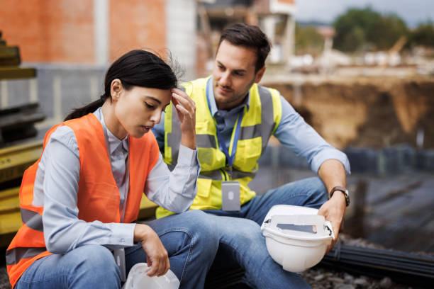 Man consoling his female coworker at construction site