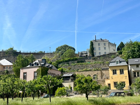 Sky view from Luxembourg old city, plain trails