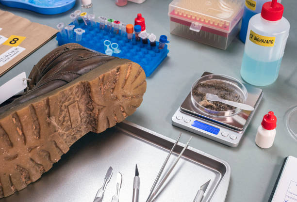 Shoe particle trace samples in crime lab, homicide investigation, concept image stock photo