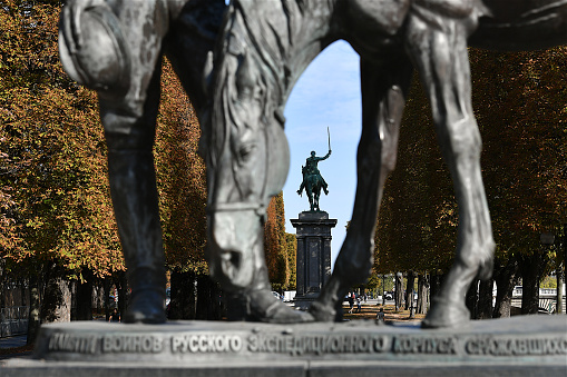 Paris, France-10 10 2023: Silhouette of the equestrian statue of the Marquis de La Fayette in Paris, France.