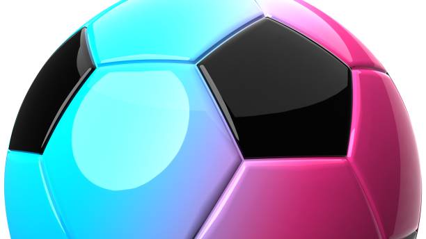 istock Blue and pink soccer ball on white background. 1733062495