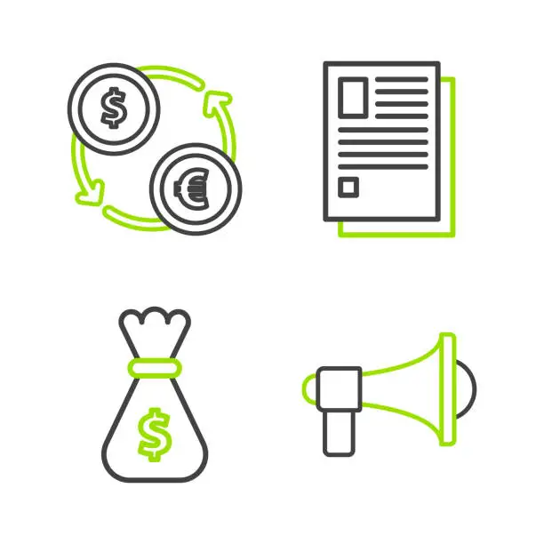 Vector illustration of Set line Megaphone, Money bag, File document and exchange icon. Vector