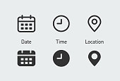Date, time, location address icon set. Clock, calendar, location, reminder, adress symbols business sign stock illustration.