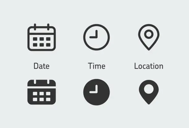 Vector illustration of Date, time, location address icon set. Clock, calendar, location, reminder, adress symbols business sign stock illustration.
