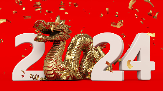 2024 Chinese New Concept Concept with a Golden Dragon. 2024 New Year Concept. 3D Render