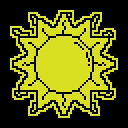 Pixel silhouette icon. Sun. Star of planet earth. Astronomy, observation of sun activity and weather. Simple black and yellow vector