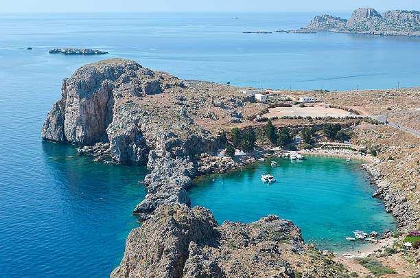 View towards St. Pauls bay in Lindos, Rhodes, Greece.