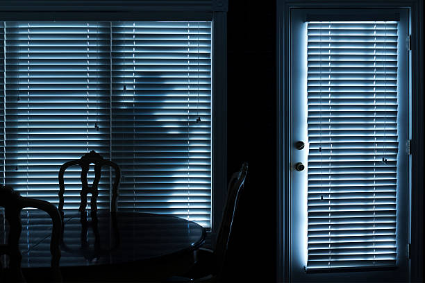 Silhouette of Burglar Sneeking Up To Backdoor At Night This photo illustrates a silhouette  of a burglar or thief sneeking up to back door at night. View from inside the residence. burglary photos stock pictures, royalty-free photos & images