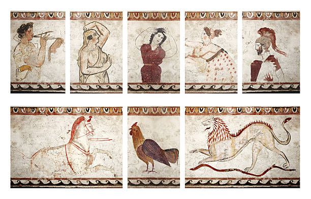 Paestum funerary paintings Composition of funerary paintings found in  sarcophagus near Paestum, major Graeco-Roman city in the Campania region of Italy. ancient roman civilization stock pictures, royalty-free photos & images