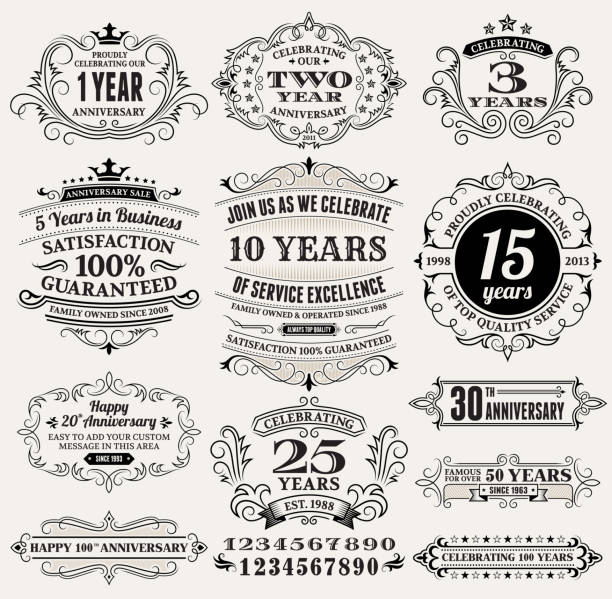 vintage geburtstag etiketten, frames und design-elemente-mit platz für text - 45 hochzeitstag stock-grafiken, -clipart, -cartoons und -symbole