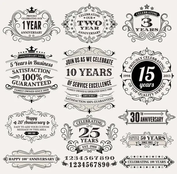 Vector illustration of Vintage Anniversary Labels, Frames and Design Elements with Copy Space