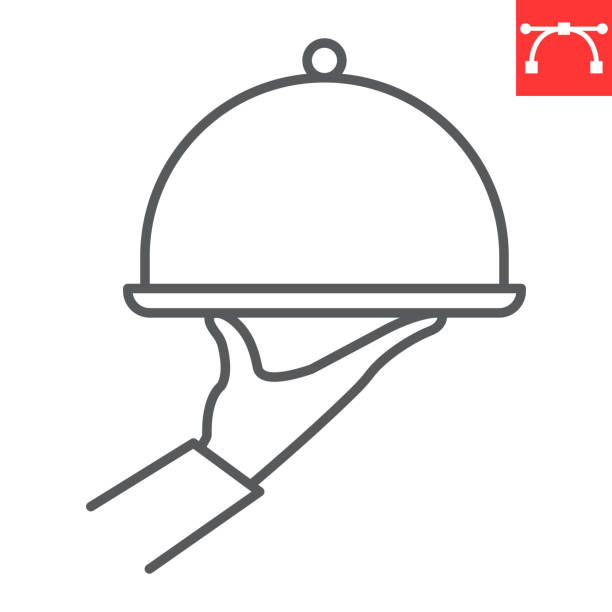illustrations, cliparts, dessins animés et icônes de icône de la ligne de service de nourriture - plateau à cloche