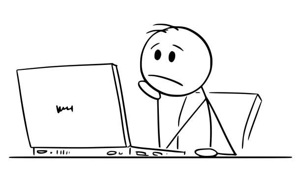 Frustrated Office Worker Working on Computer, Vector Cartoon Stick Figure Illustration Frustrated office worker or businessman working on computer, vector cartoon stick figure or character illustration. edgy drawings stock illustrations