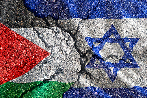 Israeli-Palestinian conflict. Israel flag and Palestine flag.