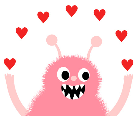 Cute and fun vector greeting card with pink monster with hearts for Valentine's day