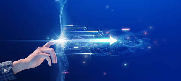 istock Businessman touching a polygon with bright lights and an arrow pointing forward. Finance capital investment economic growth. Digital technology in the era of change. 1733191882