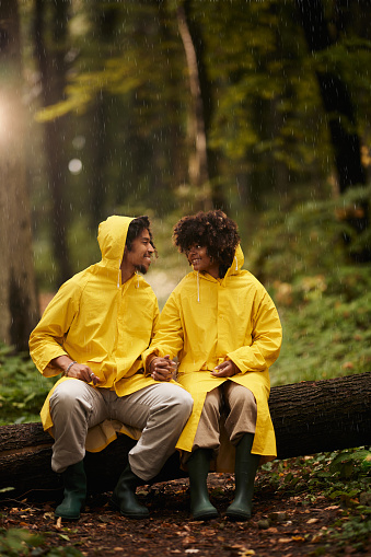 Happy African American couple in raincoats communicating while relaxing on a tree trunk during rainy autumn day in the woods.