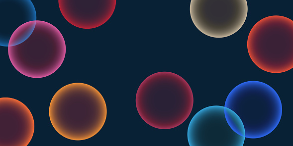 Dark Blue Background, Header or Banner Design with Large Colorful Overlaying Globes, Bubbles Pattern - Multi Purpose Creative Wide Scale Template for Web with Copyspace in Editable Vector Format