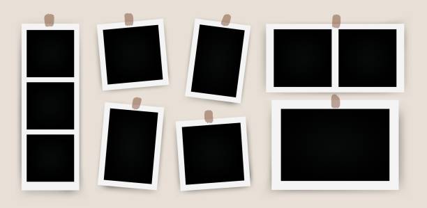 istock Set of photo frame mockups. Photo album template. Empty image for memory. Blank realistic postcard. 1733197488