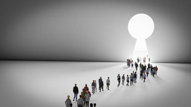 istock 3d render walking crowd people with a case to the opening gate with clearance 1733199137