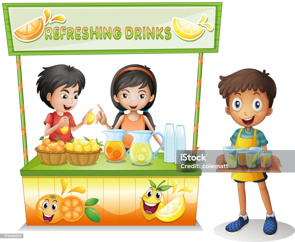 Tre bambini vendite bevande rinfrescanti - arte vettoriale royalty-free di Affari