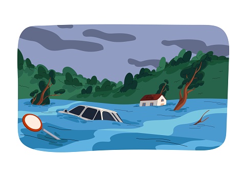 Flood, deluge, inundation disasters. Submerged city, landscape. Houses, cars douse in water stream. Weather cataclysm, natural catastrophe, tsunami. Floodwater calamity. Flat vector illustration.