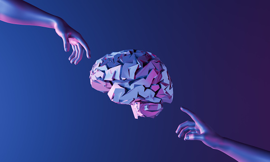 Creation of Adam style hands pointing to a brain in the center with futuristic neon lighting. 3d rendering