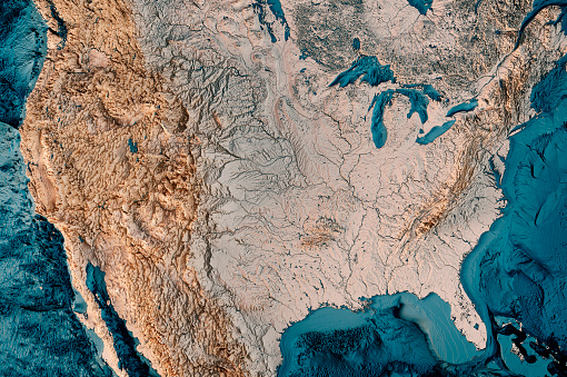 3D Render of a Topographic and Bathymetric Map of the United States of America.  \nAll source data is in the public domain.\nColor texture: Made with Natural Earth.\nhttp://www.naturalearthdata.com/downloads/10m-raster-data/10m-cross-blend-hypso/\nRelief texture: ETOPO 2022 data courtesy of USGS. URL of source image:\nhttps://www.ncei.noaa.gov/products/etopo-global-relief-model \nWater texture: SRTM Water Body SWDB: https://dds.cr.usgs.gov/srtm/version2_1/SWBD/