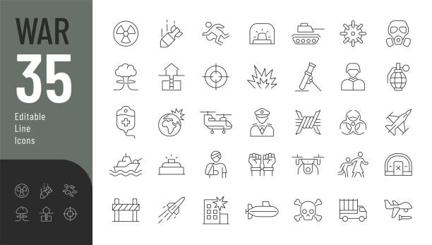 War Line Editable Icons set. Vector illustration in modern thin line style of military action related icons: military equipment, weapons, shelter, soldiers, injured and killed residents, and other. conflict stock illustrations
