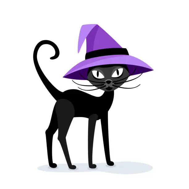 Vector illustration of Halloween Black Cat in a Witch Hat.