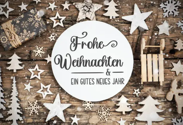 German Text Frohe Weihnachten Und Ein Gutes Neues Jahr, Means Merry Christmas And Happy New Year In English, Natural Flatlay, Sustainable Christmas Decoration, Eco Friendly Winter Background