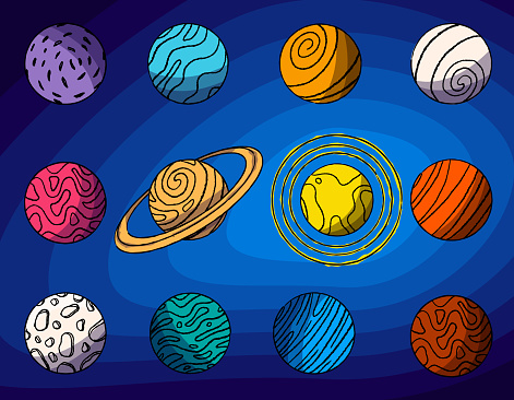 Set of planets in space, simple design drawn with a brush. Vector illustration for children