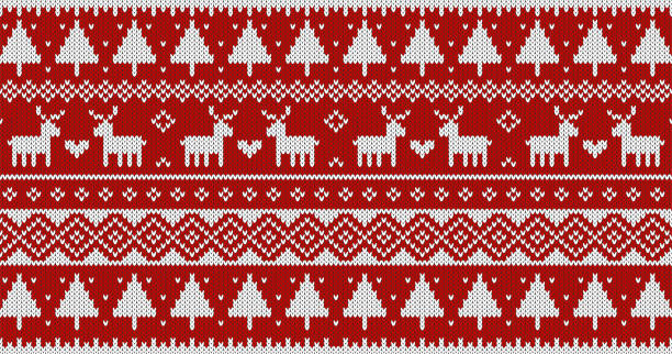 istock Christmas sweater knitted pattern with deer and trees. White ornament on red background. 1733278393
