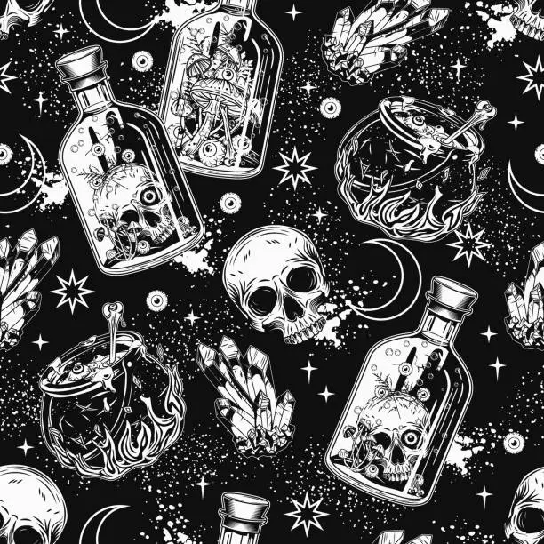 Vector illustration of Halloween surreal pattern with glass bottle of poison with human skull. Magic crystals, witch cauldron, sparks, stars, moon. Witchy, mystical, surreal illustration. Not AI