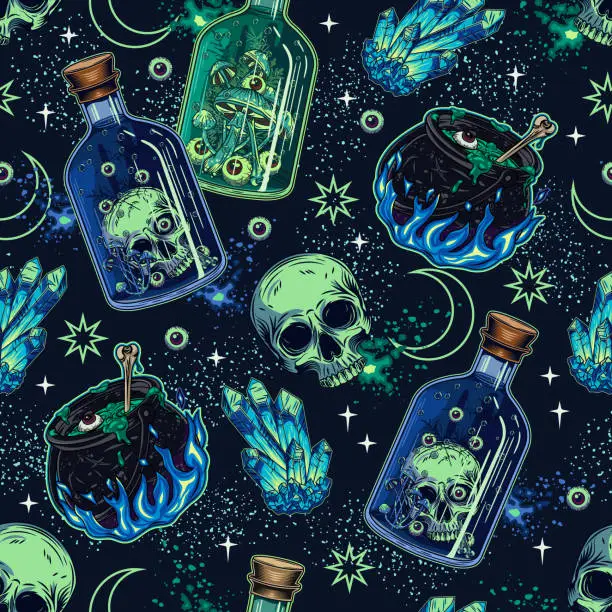 Vector illustration of Halloween surreal pattern with glass bottle of poison with human skull. Glowing magic crystals, witch cauldron, sparks, stars, moon. Witchy, mystical, surreal illustration. Not AI