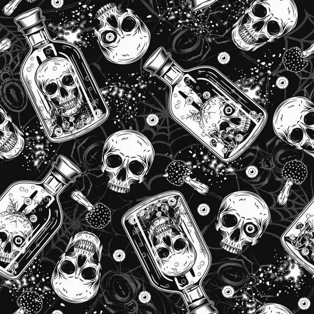 Vector illustration of Halloween black and white pattern with glass bottle of poison with human skull. Silhouette of spiders, spiderweb behind. Witchy, mystical, surreal illustration. Not AI