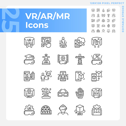 2D pixel perfect black icons pack representing VR, AR and MR, editable thin line illustration.