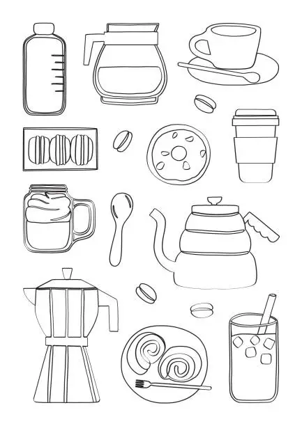 Vector illustration of Lined Hand drawn coffee, cafe food and coffeemaker elements cartoon art illustration