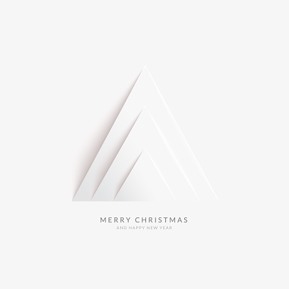 Three triangular paper objects composed in one big Christmas Tree in the middle of square paper background. 
Minimalistic art design made of small triangular pieces of paper cut out and arranged on each other forming one big triangle.

Christmas Card with text MERRY CHRISTMAS AND HAPPY NEW YEAR.
Zoom to see the details. Illustration in vectors - enlarge without lost the quality! 
Modern simply and light design.