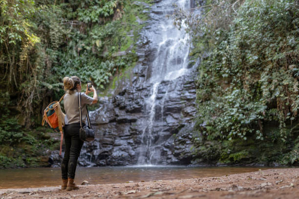 istock Tourist using smartphone in natural landscape 1733328288