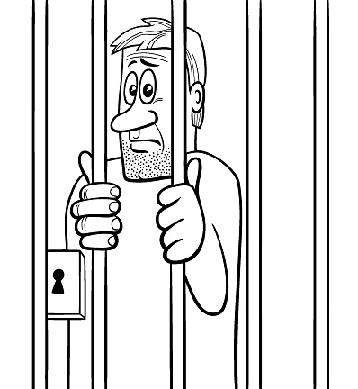 cartoon illustration of jailed man behind the prison bars coloring page